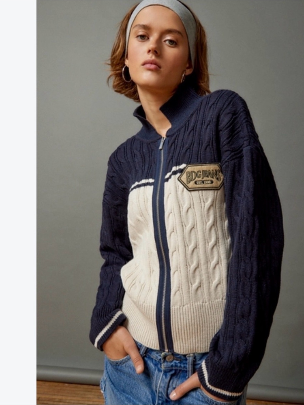 BDG Navy and Cream Cable-Knit Zip-Up Cardigan Jacket